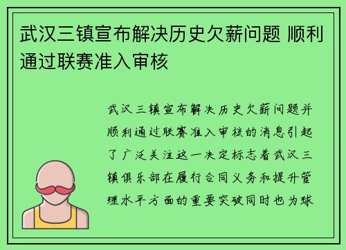 武汉三镇宣布解决历史欠薪问题 顺利通过联赛准入审核 武汉三镇宣布解决历史欠薪问题 顺利通过联赛准入审核