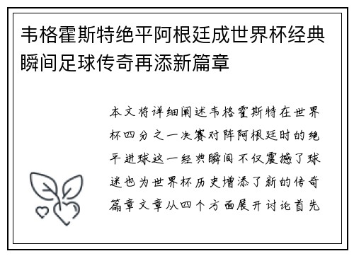 韦格霍斯特绝平阿根廷成世界杯经典瞬间足球传奇再添新篇章